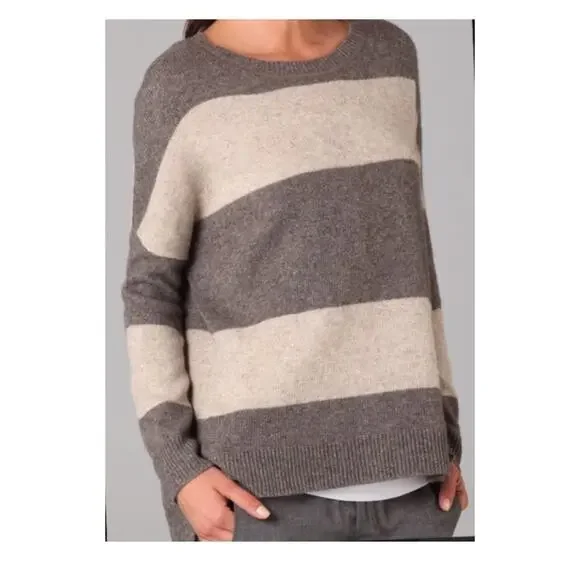 Vince Rugby Stripe Sweater Wool Yak Hair Blend Pullover Oversized Gray Cream M - Picture 2 of 6